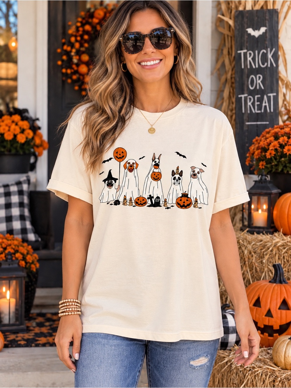 Halloween Ghost Dogs Cream Graphic Tee with Pumpkin Tee